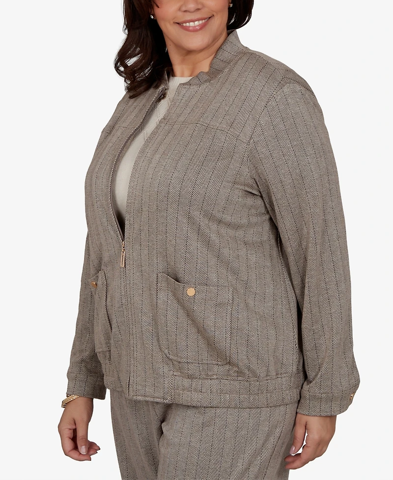 Alfred Dunner Plus Striped Mandarin Collar Bomber Jacket