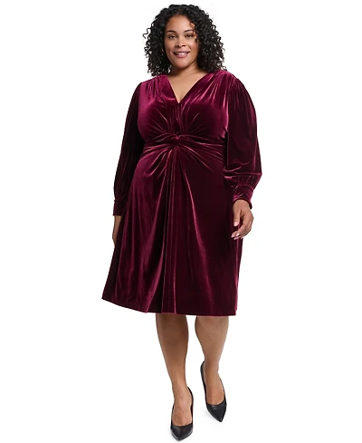 Vince Camuto Plus Twist Front Long-Sleeve Cocktail V-Neck Velvet Dress