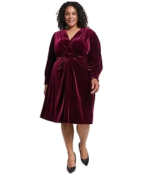 Vince Camuto Plus Twist Front Long-Sleeve Cocktail V-Neck Velvet Dress