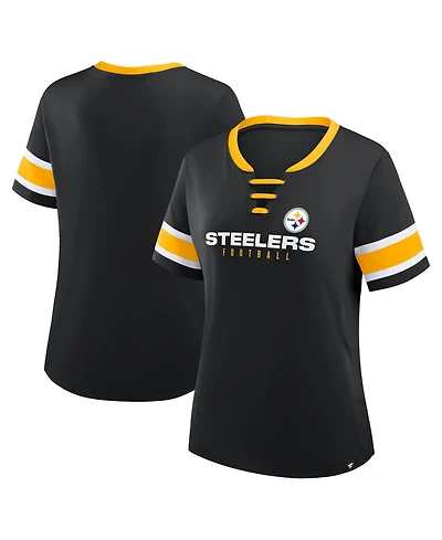 Fanatics Plus Pittsburgh Steelers Red Zone Athena Lace-Up V-Notch Neck T-Shirt
