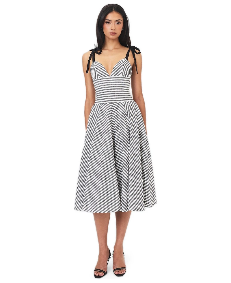 Miss Circle Women's Riley Black and White Striped Linen Flared Midi Dress