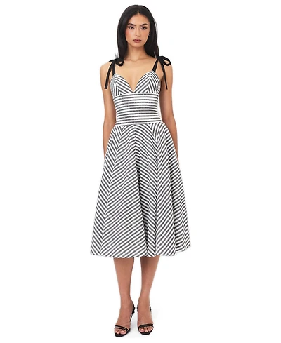 Miss Circle Women's Riley Black and White Striped Linen Flared Midi Dress