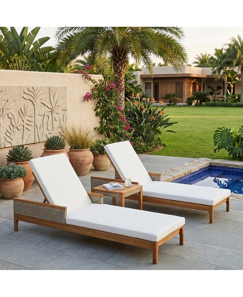 Asagikoiai Set of 2 Acacia Wood Chaise Lounge with Cushions, Adjustable Backrest Outdoor Patio Chair