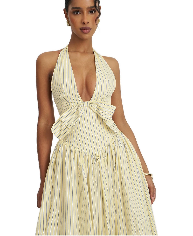 Miss Circle Women's Talise Lemon Yellow Cotton Poplin Stripe Plunging Halter Maxi Dress