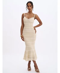 Miss Circle Women's Xiomara Beige and Gold Stripe Crochet Knit Mermaid Midi Dress