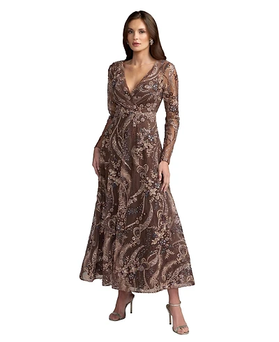 Mac Duggal Petite Floral Embroidered V-Neck Long Sleeve Midi Dress