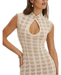 Miss Circle Women's Xylona Beige and Gold Crochet Teardrop Neckline Mermaid Maxi Dress
