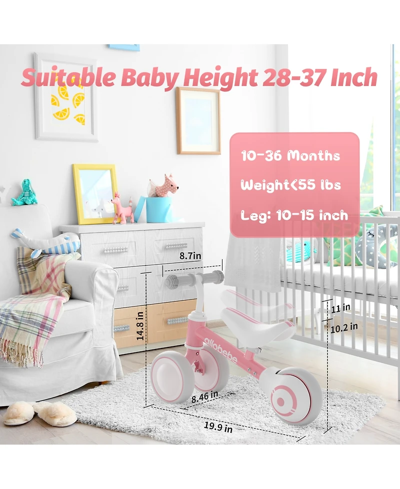 Allobebe Baby 3-Wheel Balance Bike with Adjustable Seat and Silent Wheels, Ages 1-3