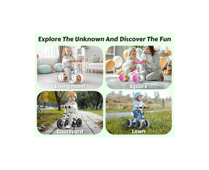 Allobebe Baby Balance Bike, 4-Wheel with Adjustable Seat and Silent Wheels, Ages 1-3