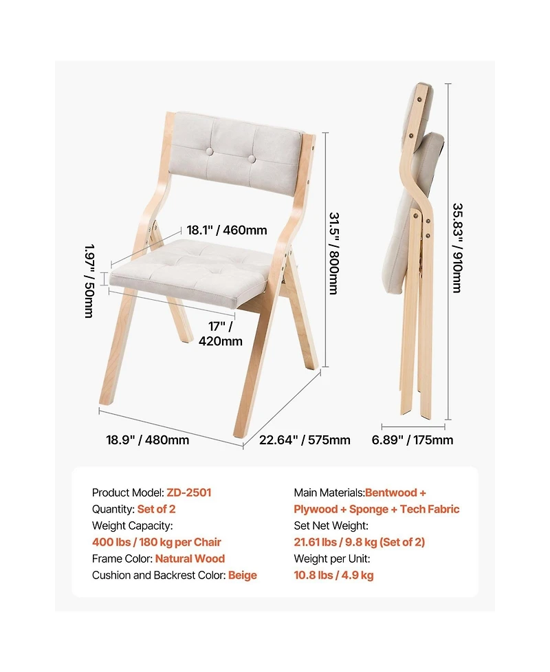 Sugift 2 Piece Bentwood Folding Dining Chair Set with Padded Seat Cushions and 400 Pound Capacity