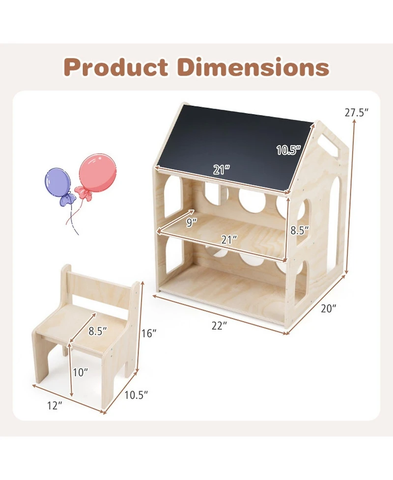 Sugift House Shaped Wooden Kids Table and Chair Set 3-in-1 Activity Desk with Chalkboard and Bookshelf