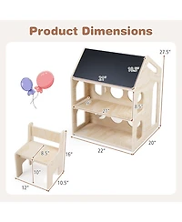Sugift House Shaped Wooden Kids Table and Chair Set 3-in-1 Activity Desk with Chalkboard and Bookshelf