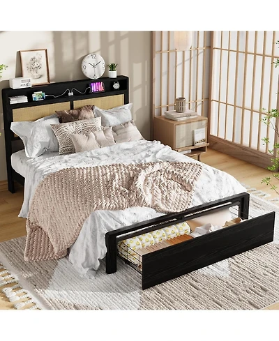 gaomon Rattan Bed Frame with Storage Drawer and Led Lights, Platform Charging Station, Headboard Shelf, Cane Panels