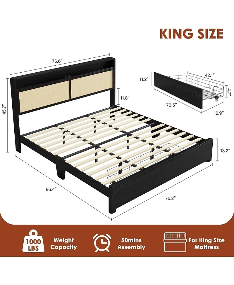 gaomon Rattan Bed Frame with Storage Drawer and Led Lights, Platform Charging Station, Headboard Shelf, Cane Panels
