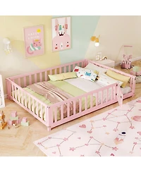Gymax Full Size Floor Bed Montessori Bed Frame with Full-length Guardrails and Safety Door