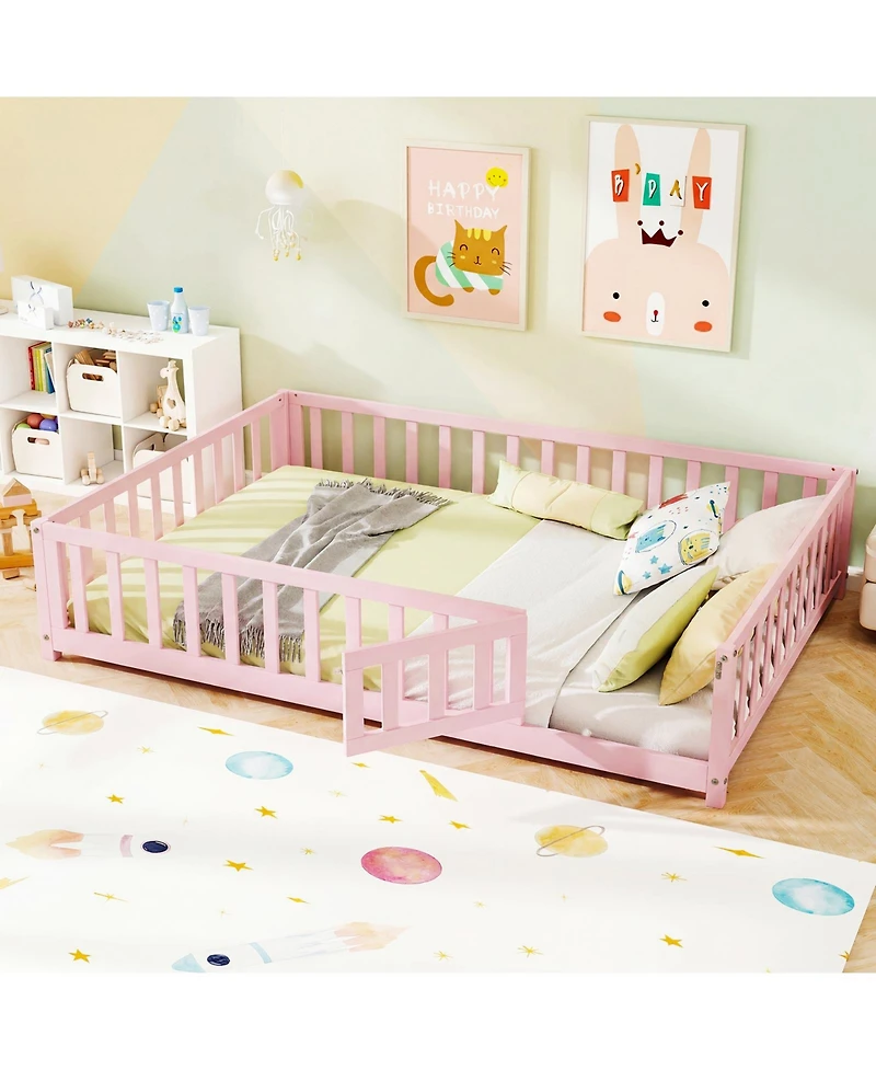 Gymax Full Size Floor Bed Montessori Bed Frame with Full-length Guardrails and Safety Door