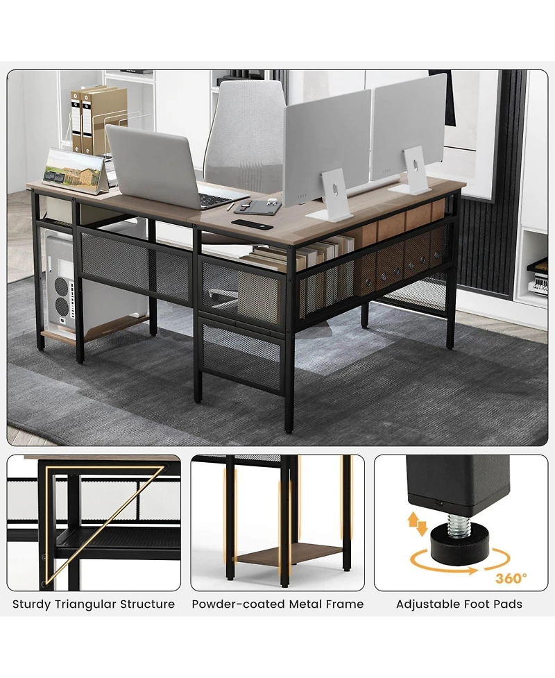 Reversible L-Shaped Computer Desk with Charging Station Adjustable Shelf Cpu Stand