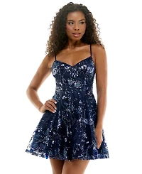 Seni & Cade Juniors' Sequin Floral-Embroidered Fit-and-Flare Mini Dress