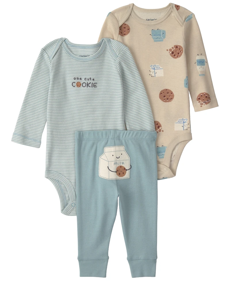 Carter's Baby Boys' Milk and Cookies Long-Sleeve Bodysuits Pants, 3-Piece Set