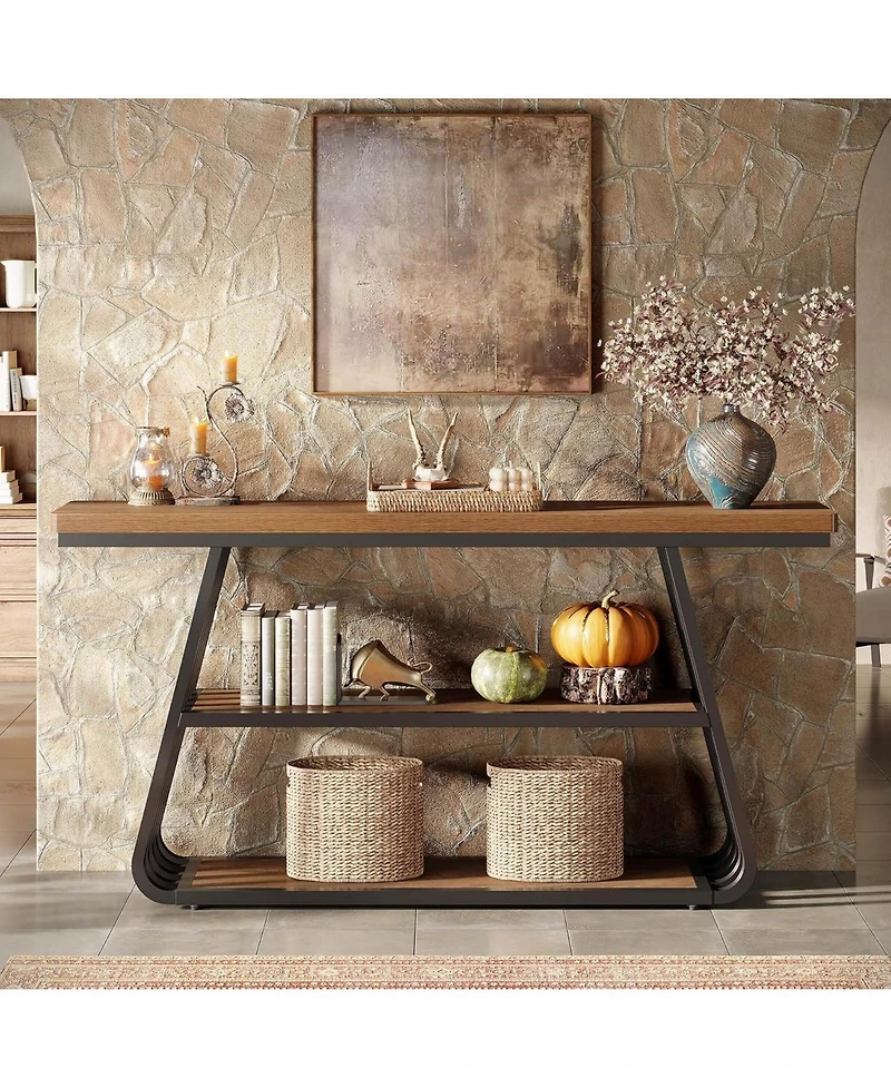 Tribesigns 55" Entryway Table with Shelves 3-Tier Console Table With Iron Frame Wooden Entry Table For Living Room,Foyer,Hallway.Industrial Style