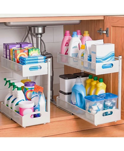 Sugift 2 Pack 2-Tier Pull Out Under Sink Organizer with 4-Level Height Adjustment for Cabinets
