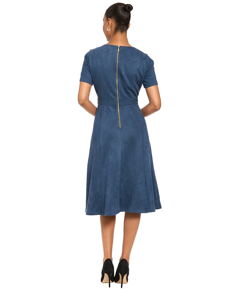 London Times Women's Fit and Flare Midi Short-Sleeve Dress