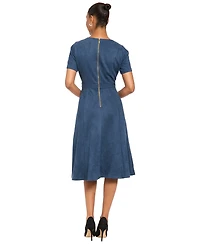 London Times Women's Fit and Flare Midi Short-Sleeve Dress