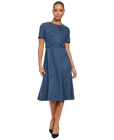 London Times Women's Fit and Flare Midi Short-Sleeve Dress