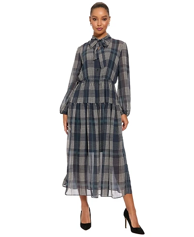 London Times Women's Plaid-Print Midi Tie-Neck Dress