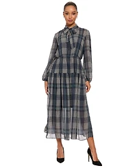 London Times Women's Plaid-Print Midi Tie-Neck Dress