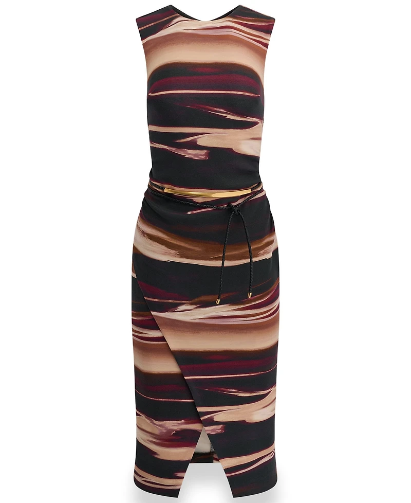Sleeveless Printed Midi Sheath Dress with Belt