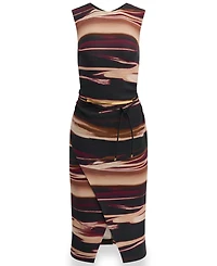 Sleeveless Printed Midi Sheath Dress with Belt