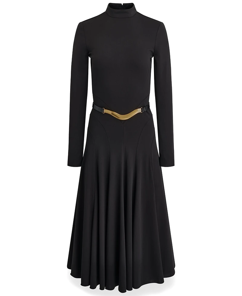 Donna Karan New York Women's Long Sleeve Mock Neck Pleated Maxi Dress with Belt