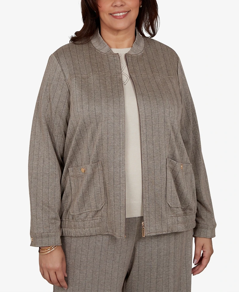 Alfred Dunner Plus Striped Mandarin Collar Bomber Jacket