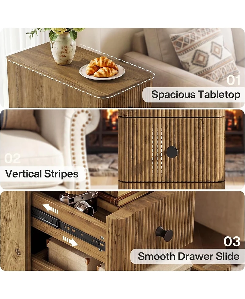 Tribesigns Nightstand with 3 Drawers, Farmhouse Fluted Narrow