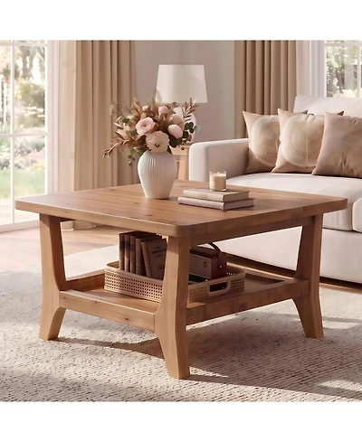 Tribesigns Solid Wood Coffee Table 2-Tier Square Center Table