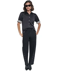 Karl Lagerfeld Paris Women's Satin Rhinestone-Cuff Button-Front Top
