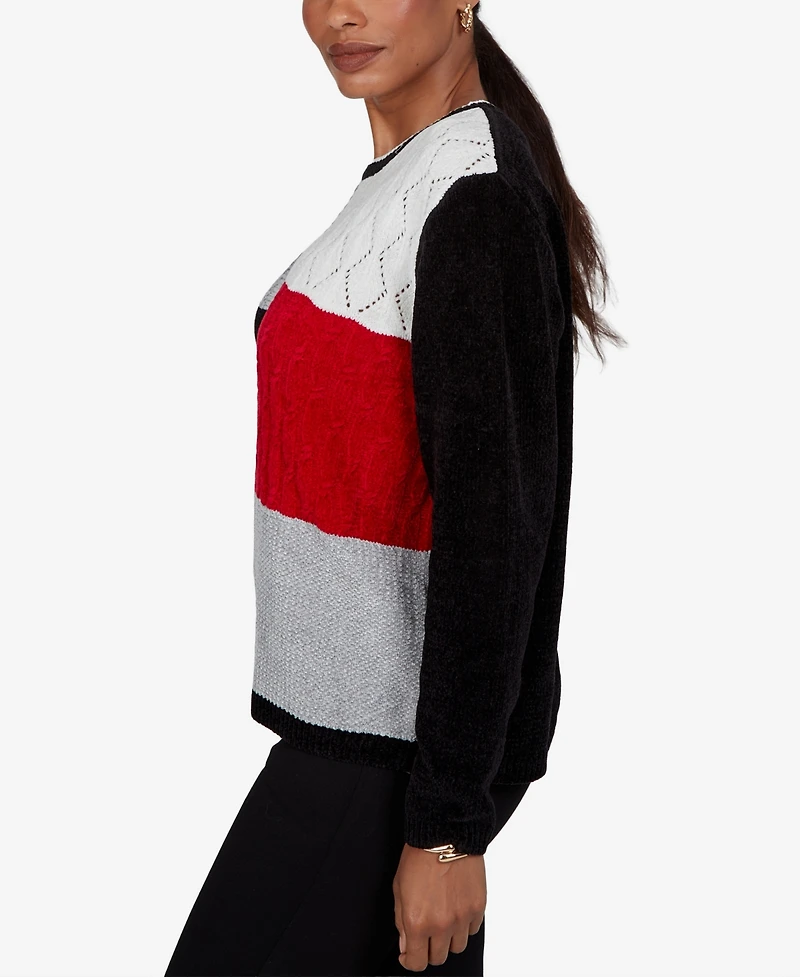 Alfred Dunner Women's Petite Colorblock Cable-Knit Long-Sleeve Crewneck Pullover