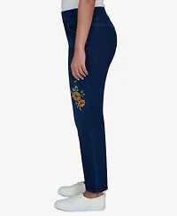 Alfred Dunner Petite Pull-On Straight Floral-Embroidery Denim Jeans