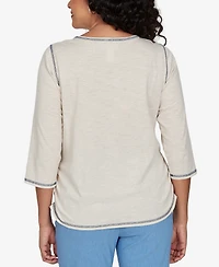 Alfred Dunner Petite Sunflower-Embroidery Crewneck 3/4-Sleeve Cotton-Blend T-Shirt