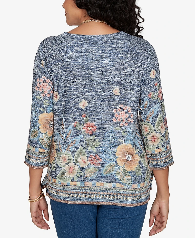 Alfred Dunner Petite Square Neck 3/4-Sleeve Floral-Print Knit Top