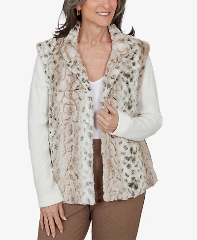 Alfred Dunner Women's Petite Animal-Print Mandarin-Collar Teddy Jacket