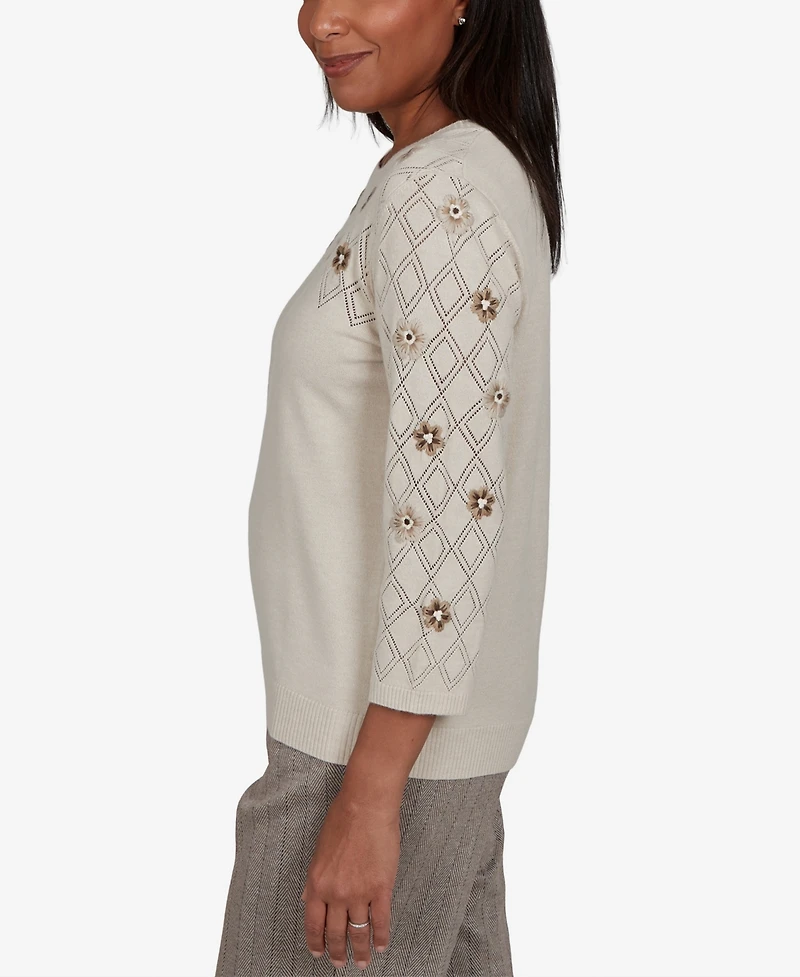 Alfred Dunner Petite Pointelle Floral Embroidery with Bead Pullover Sweater