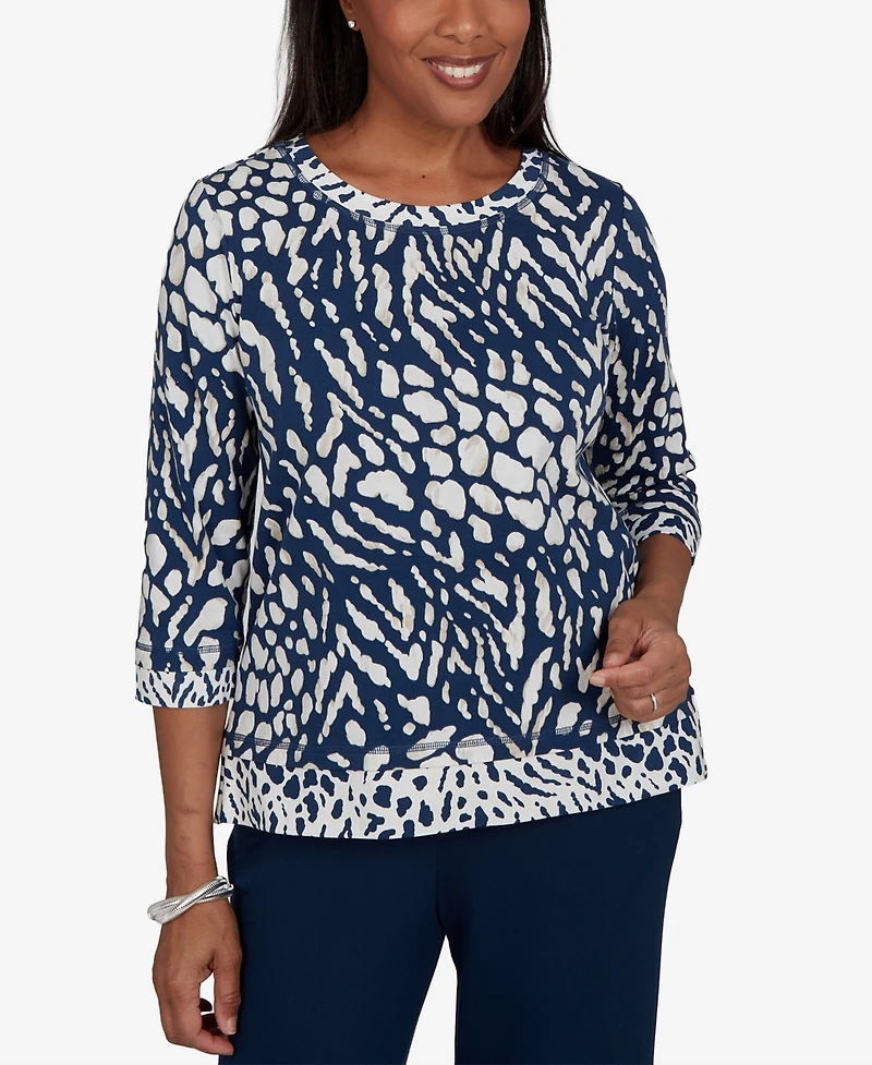 Alfred Dunner Petite Animal-Print Cotton-Blend 3/4-Sleeve T-Shirt