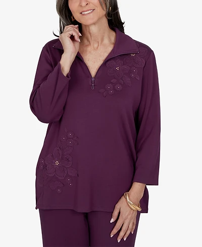 Alfred Dunner Petite 3/4-Sleeve Floral-Applique Knit Top