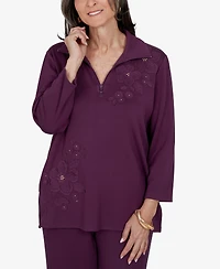 Alfred Dunner Petite 3/4-Sleeve Floral-Applique Knit Top