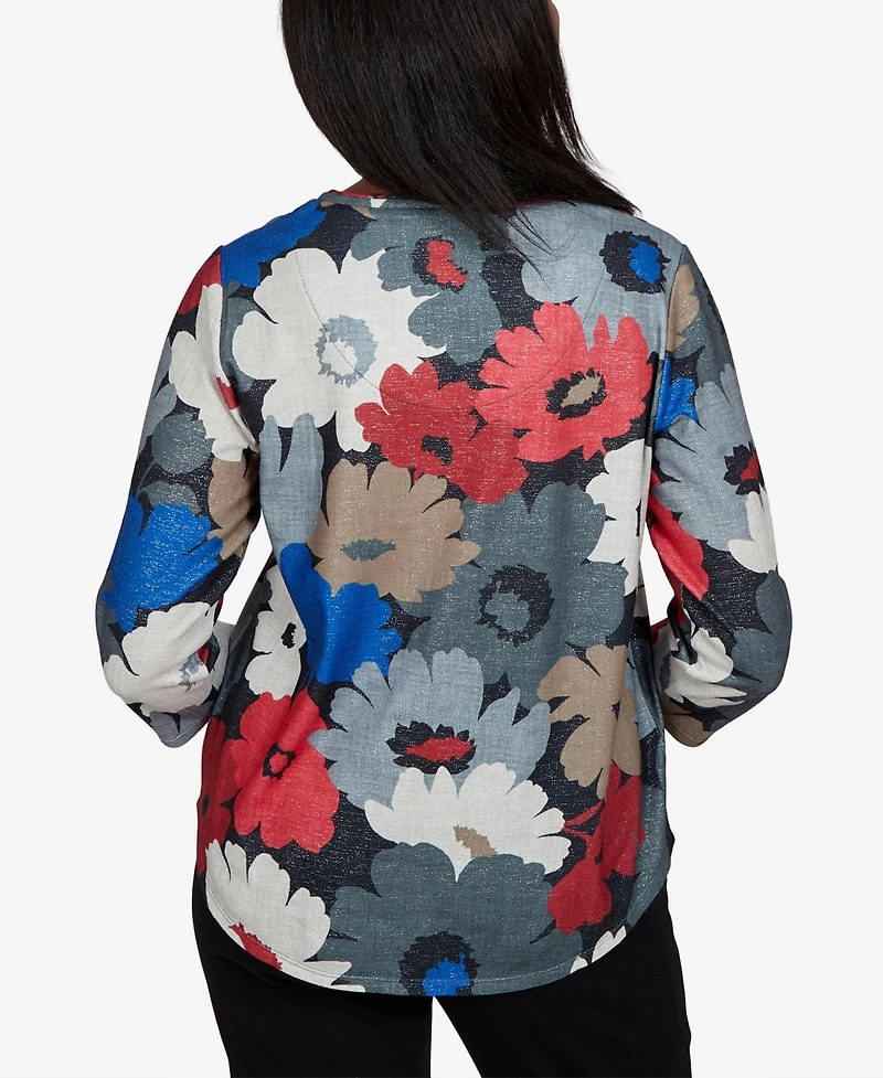 Alfred Dunner Women's Petite Floral 3/4-Sleeve V-Neck Top