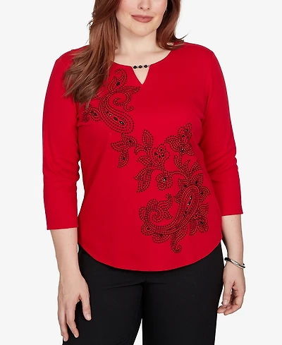 Alfred Dunner Petite Keyhole Neck Paisley 3/4-Sleeve Top