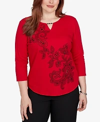 Alfred Dunner Petite Keyhole Neck Paisley 3/4-Sleeve Top