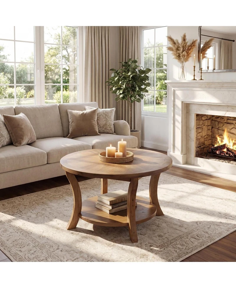 Tribesigns 31.5 Round Solid Wood Coffee Table: 2-tier storage shelf with curved legs. Farmhouse center table for living room